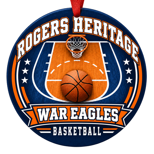 Rogers Heritage War Eagles Basketball Christmas ornament with basketball court, hoop and ball artwork in navy blue and orange, red hanging ribbon.