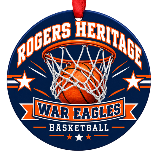 Rogers Heritage War Eagles Basketball Christmas ornament with basketball passing through a hoop in navy blue and orange, red hanging ribbon.