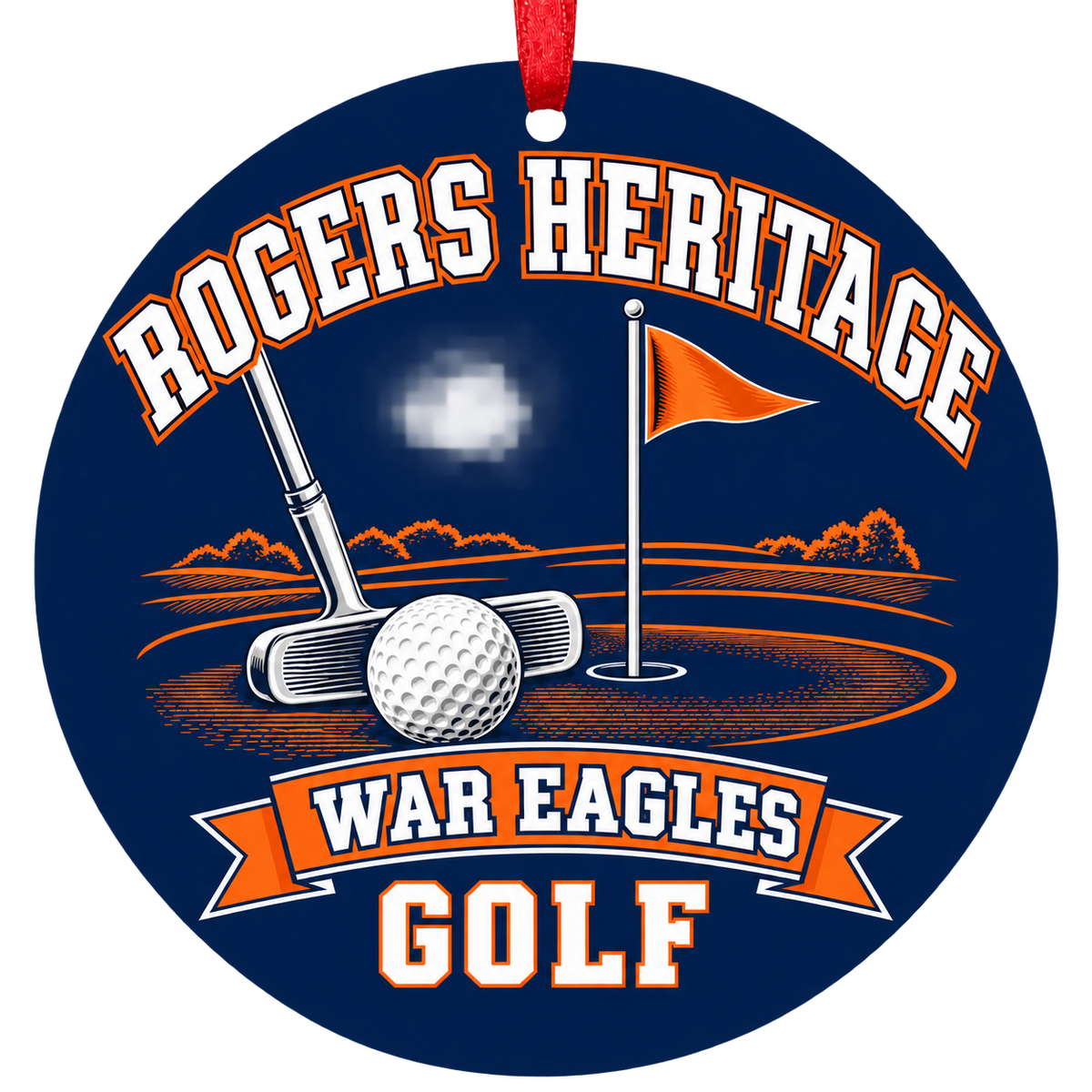 Rogers Heritage War Eagles Golf Christmas ornament with putter, golf ball and putting green in navy blue and orange, red hanging ribbon.