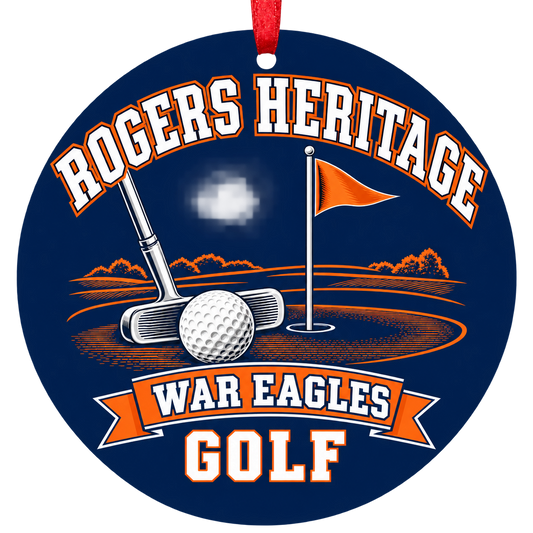 Rogers Heritage War Eagles Golf Christmas ornament with putter, golf ball and putting green in navy blue and orange, red hanging ribbon.