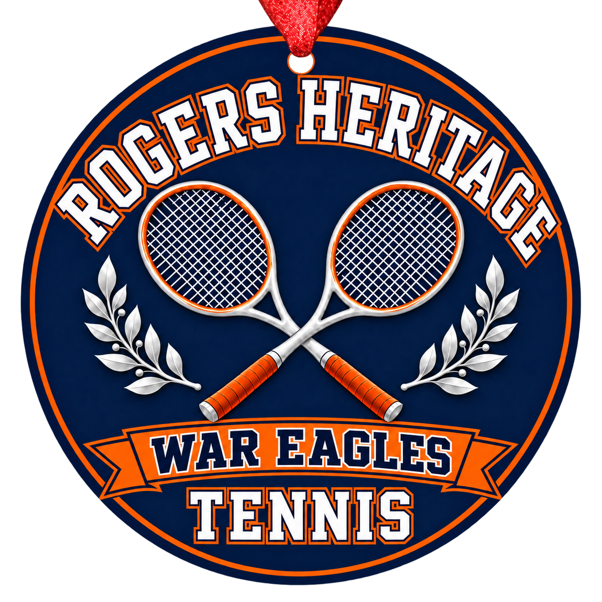 Rogers Heritage War Eagles Tennis Christmas ornament with crossed tennis rackets and laurel details in navy blue and orange, red hanging ribbon.