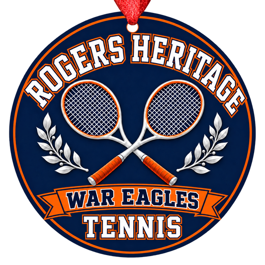 Rogers Heritage War Eagles Tennis Christmas ornament with crossed tennis rackets and laurel details in navy blue and orange, red hanging ribbon.