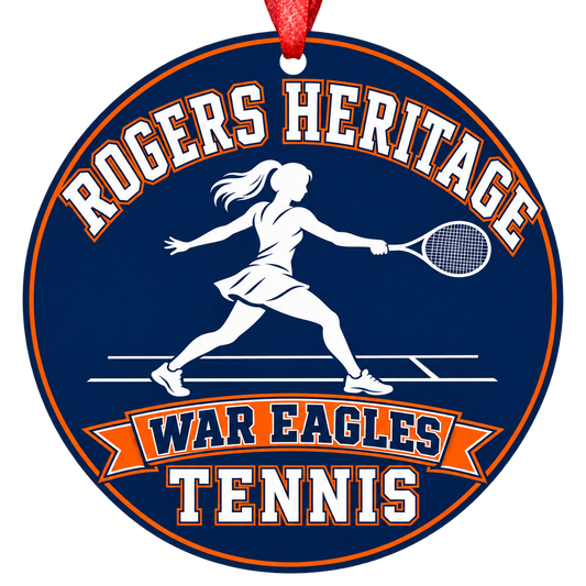 Rogers Heritage War Eagles Tennis Christmas ornament with tennis player silhouette in navy blue and orange, red hanging ribbon.
