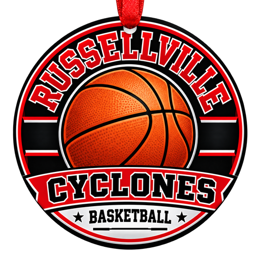Russellville Cyclones Basketball Christmas ornament with varsity basketball artwork in red and black, red hanging ribbon.