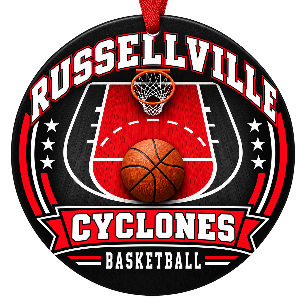 Russellville Cyclones Basketball Christmas ornament with basketball court, hoop and ball artwork in red and black, red hanging ribbon.