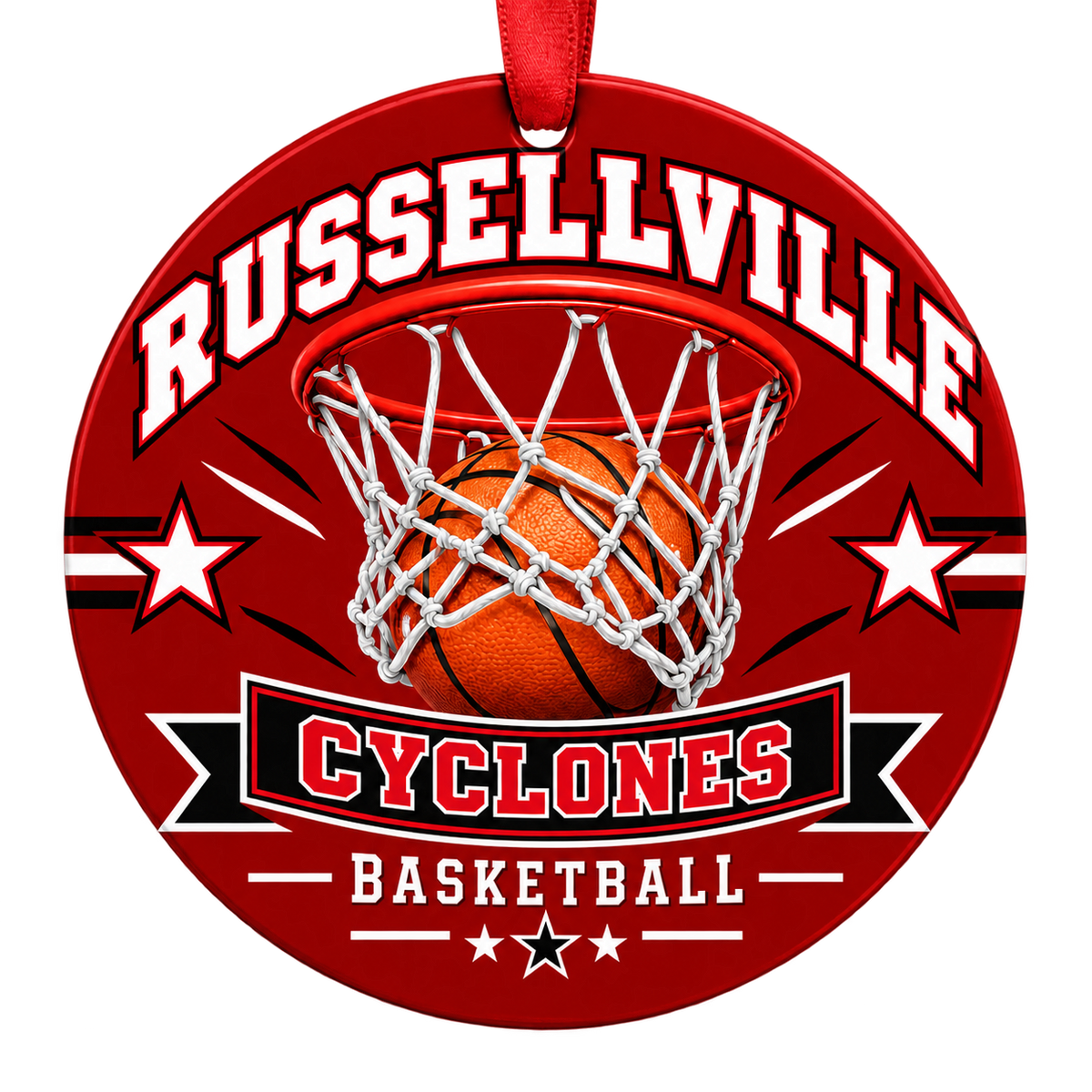 Russellville Cyclones Basketball Christmas ornament with basketball passing through a hoop in red and black, red hanging ribbon.
