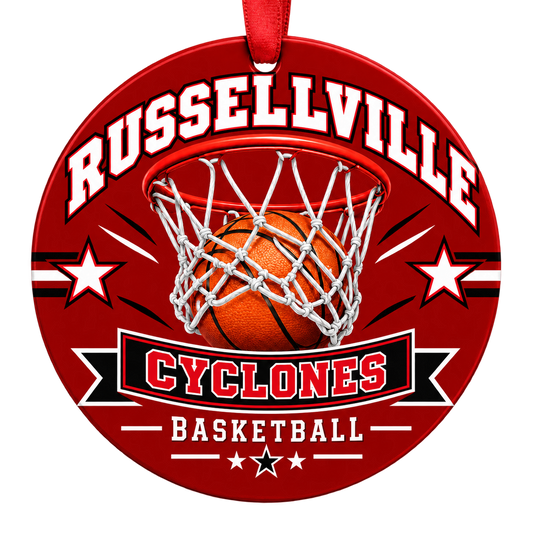 Russellville Cyclones Basketball Christmas ornament with basketball passing through a hoop in red and black, red hanging ribbon.