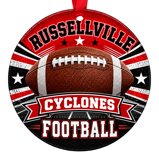 Russellville Cyclones Football Christmas ornament with football, stars and field artwork in red and black, red hanging ribbon.