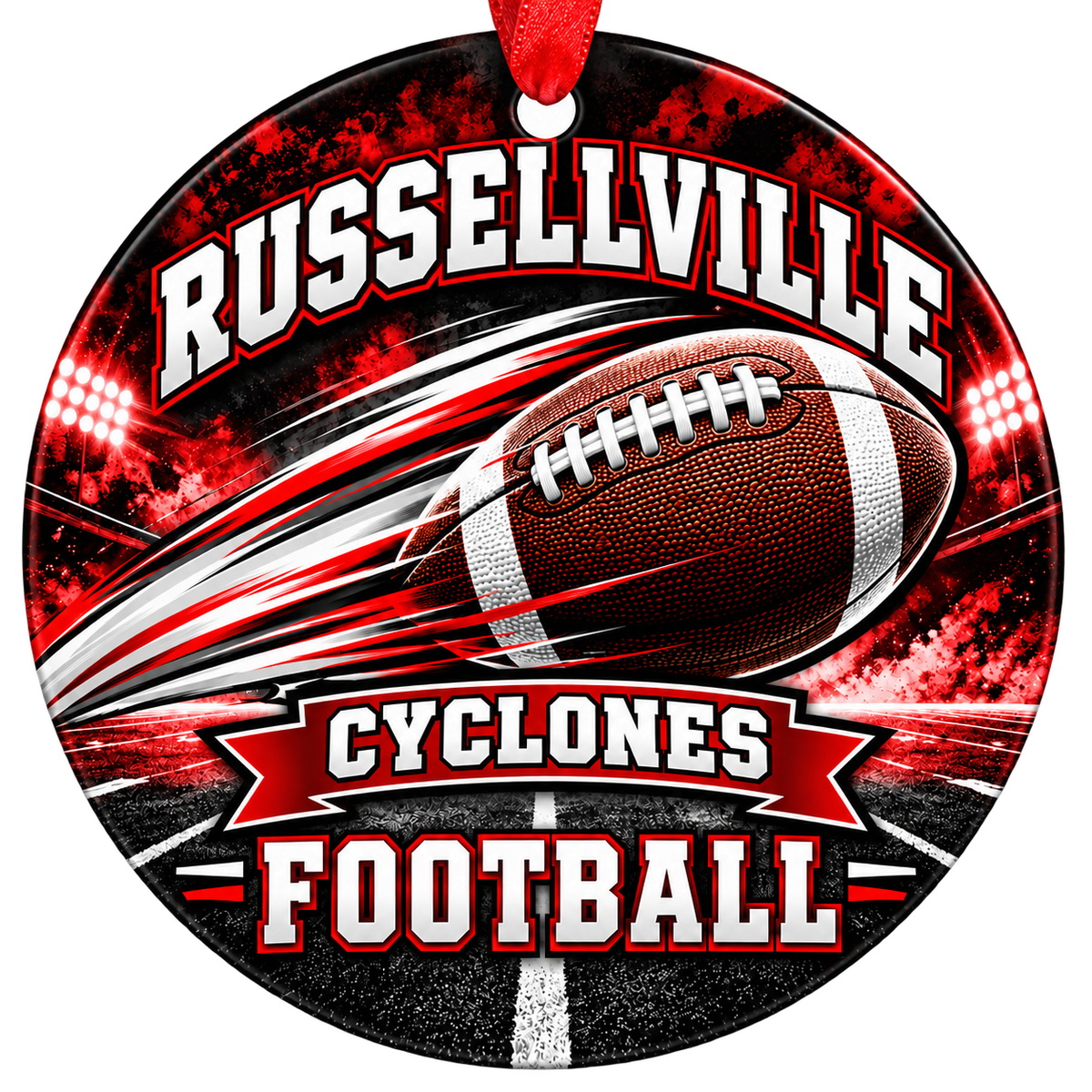 Russellville Cyclones Football Christmas ornament with football with motion streaks and stadium lights in red and black, red hanging ribbon.