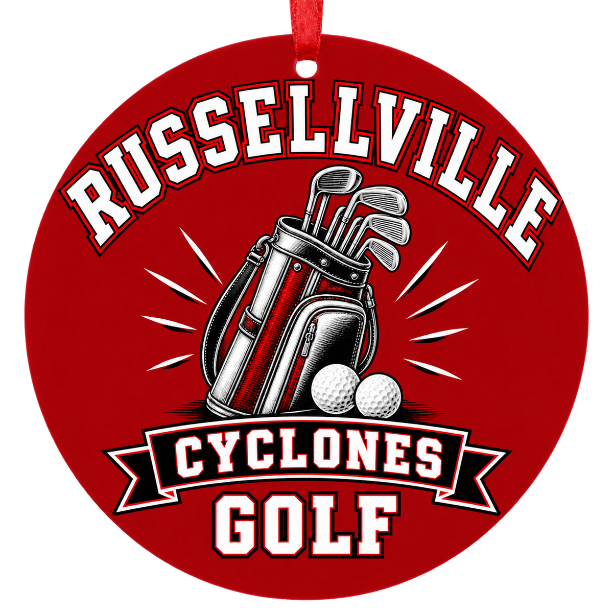 Russellville Cyclones Golf Christmas ornament with golf bag, clubs and balls in red and black, red hanging ribbon.