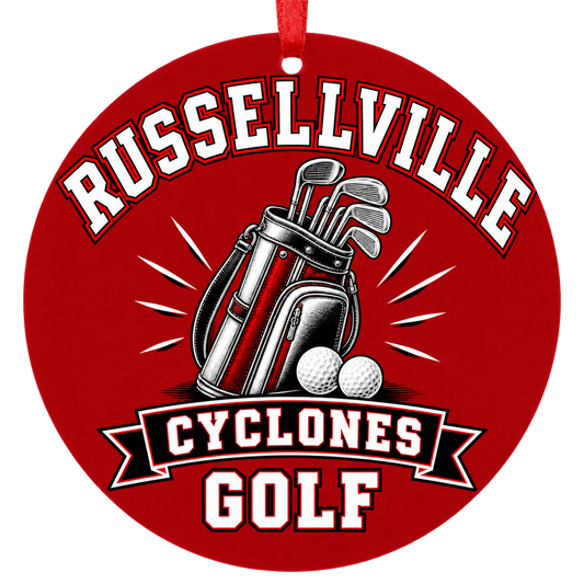 Russellville Cyclones Golf Christmas ornament with golf bag, clubs and balls in red and black, red hanging ribbon.