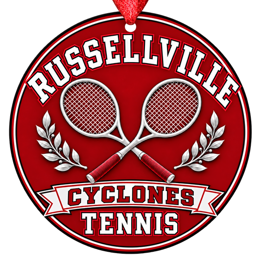 Russellville Cyclones Tennis Christmas ornament with crossed tennis rackets and laurel details in red and black, red hanging ribbon.