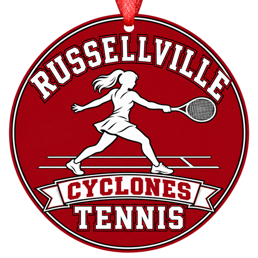 Russellville Cyclones Tennis Christmas ornament with tennis player silhouette in red and black, red hanging ribbon.