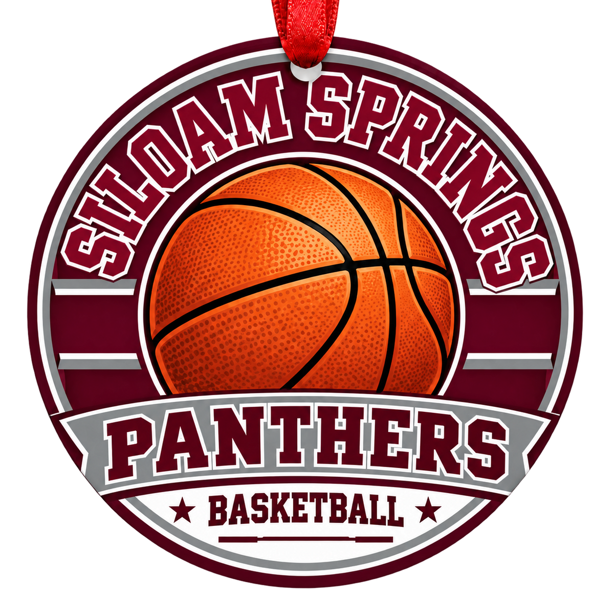 Siloam Springs Panthers Basketball Christmas ornament with varsity basketball artwork in maroon and gray, red hanging ribbon.