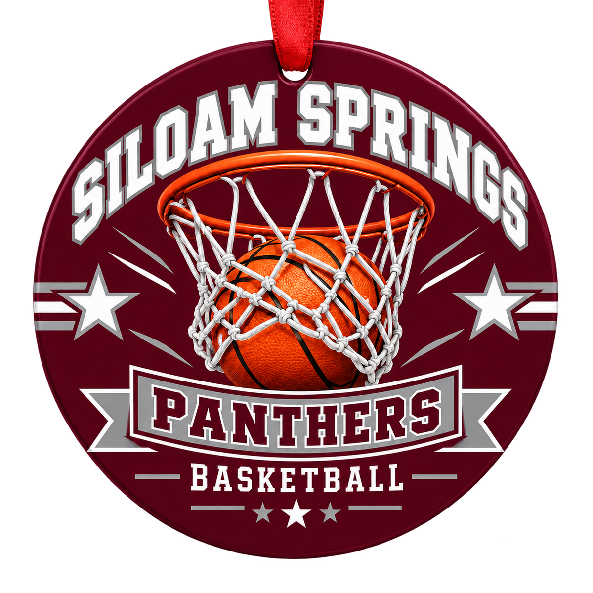 Siloam Springs Panthers Basketball Christmas ornament with basketball passing through a hoop in maroon and gray, red hanging ribbon.
