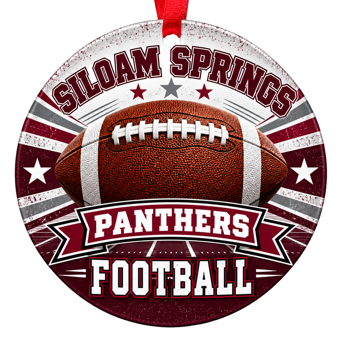 Siloam Springs Panthers Football Christmas ornament with football, stars and field artwork in maroon and gray, red hanging ribbon.