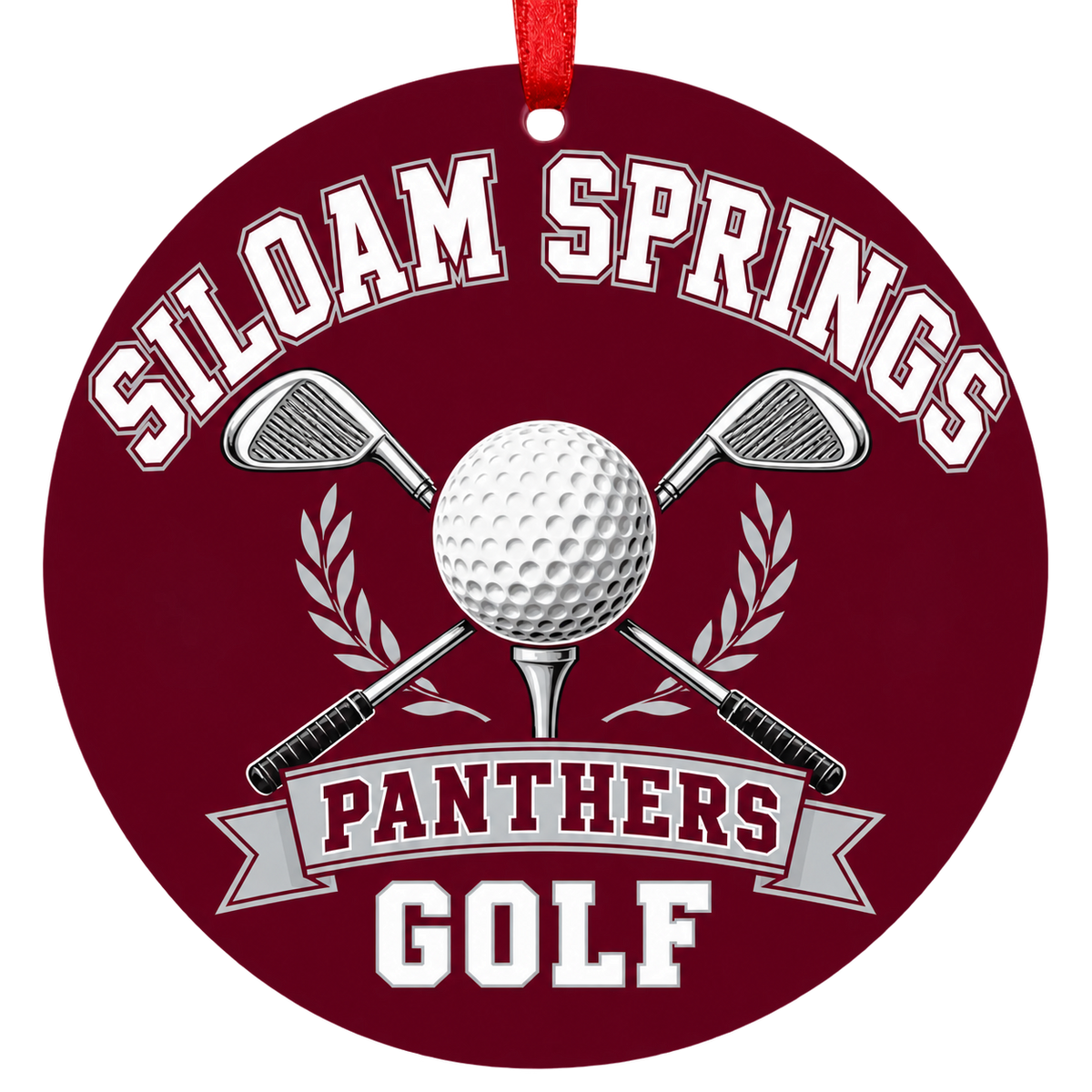 Siloam Springs Panthers Golf Christmas ornament with golf ball and crossed clubs in maroon and gray, red hanging ribbon.