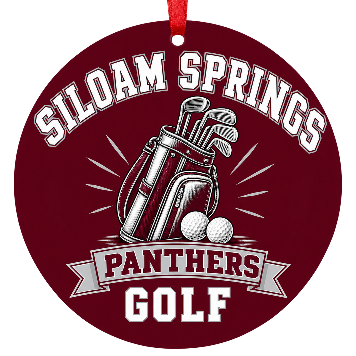 Siloam Springs Panthers Golf Christmas ornament with golf bag, clubs and balls in maroon and gray, red hanging ribbon.
