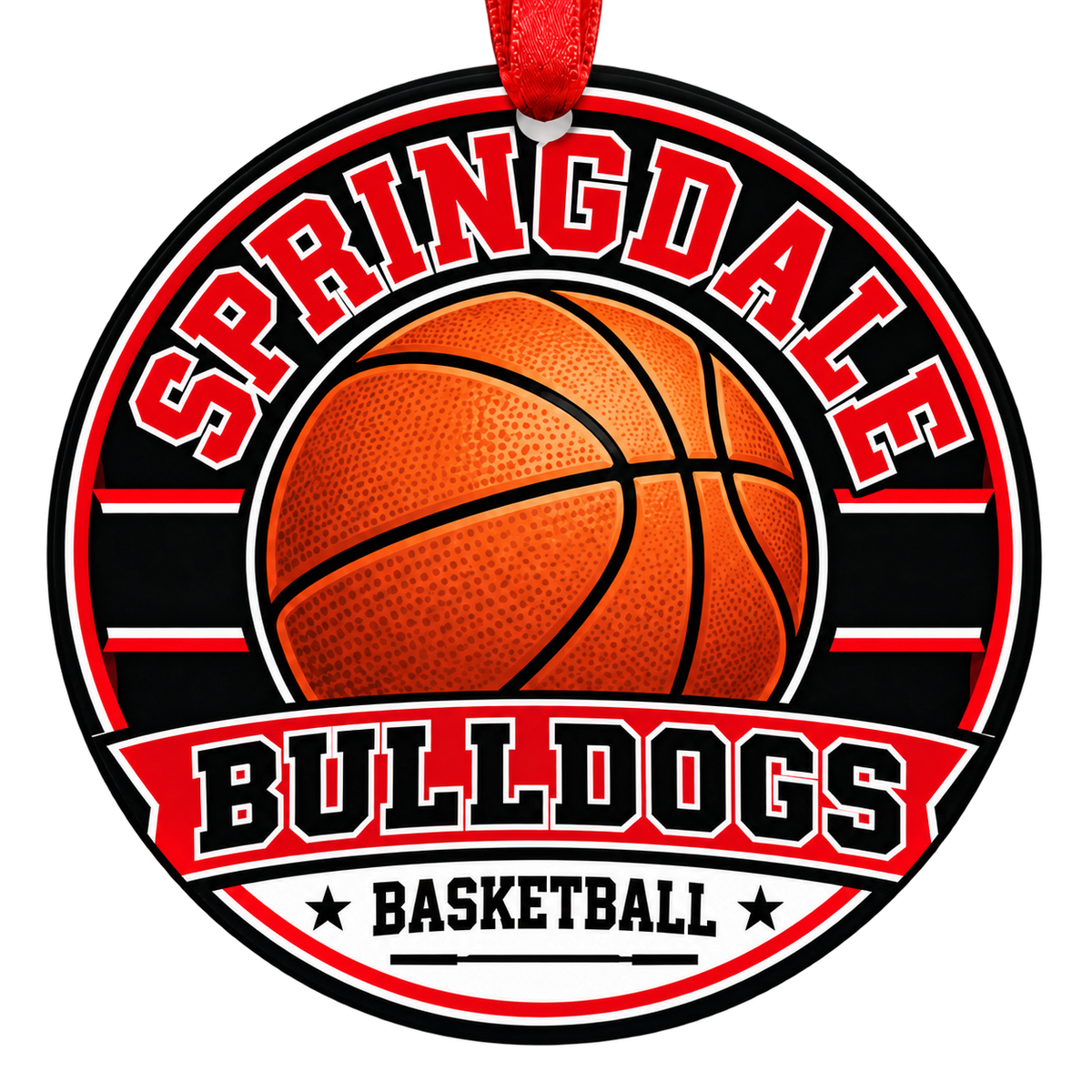 Springdale Bulldogs Basketball Christmas ornament with varsity basketball artwork in red, white and black, red hanging ribbon.