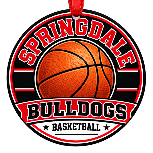 Springdale Bulldogs Basketball Christmas ornament with varsity basketball artwork in red, white and black, red hanging ribbon.