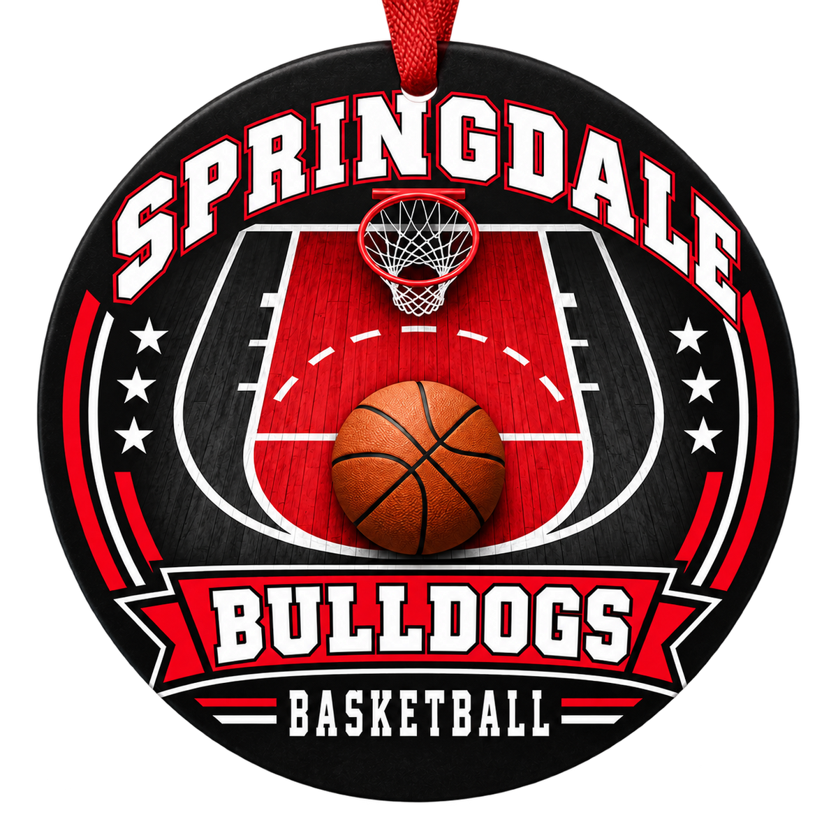 Springdale Bulldogs Basketball Christmas ornament with basketball court, hoop and ball artwork in red, white and black, red hanging ribbon.