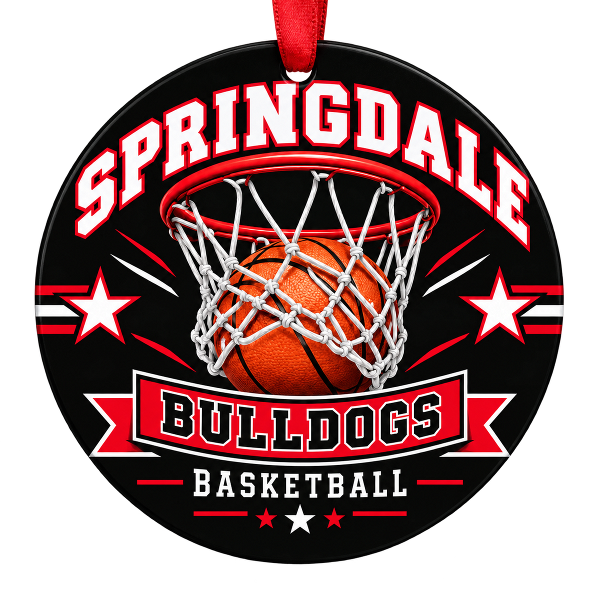 Springdale Bulldogs Basketball Christmas ornament with basketball passing through a hoop in red, white and black, red hanging ribbon.