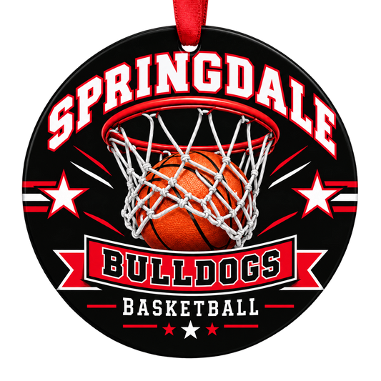 Springdale Bulldogs Basketball Christmas ornament with basketball passing through a hoop in red, white and black, red hanging ribbon.