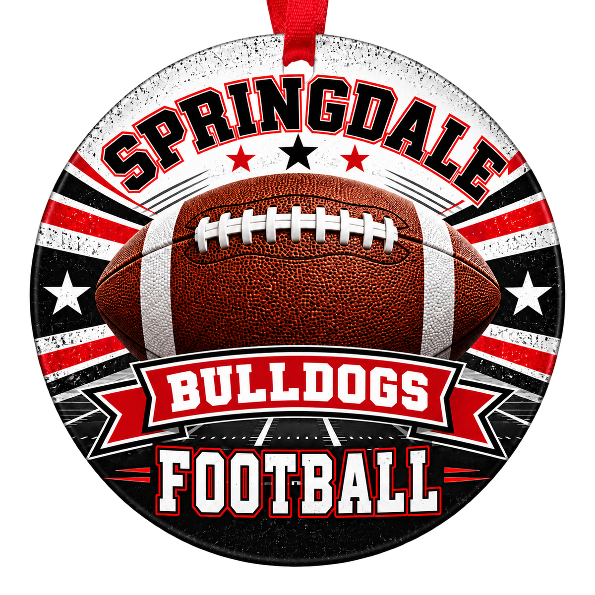 Springdale Bulldogs Football Christmas ornament with football, stars and field artwork in red, white and black, red hanging ribbon.