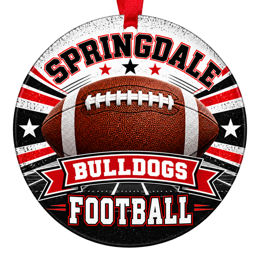 Springdale Bulldogs Football Christmas ornament with football, stars and field artwork in red, white and black, red hanging ribbon.