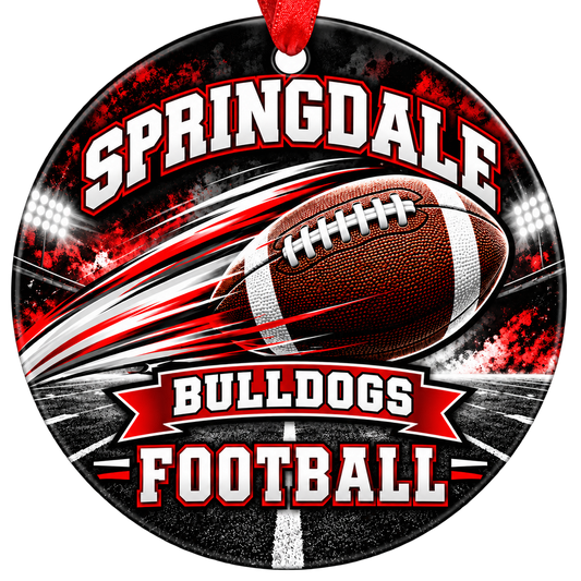 Springdale Bulldogs Football Christmas ornament with football with motion streaks and stadium lights in red, white and black, red hanging ribbon.