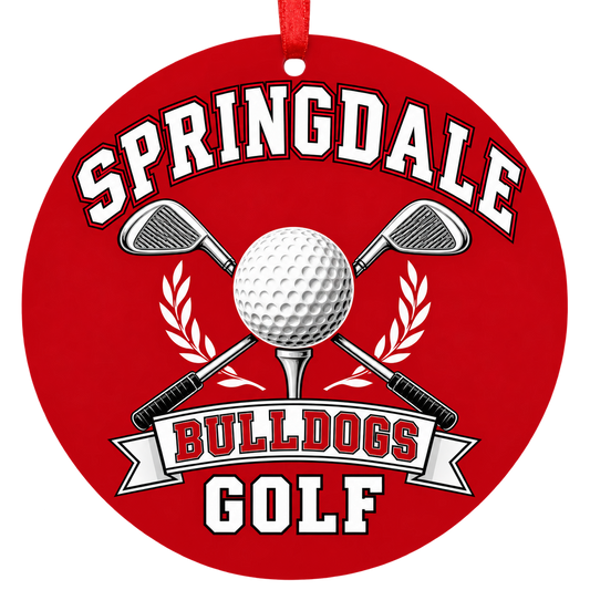 Springdale Bulldogs Golf Christmas ornament with golf ball and crossed clubs in red, white and black, red hanging ribbon.