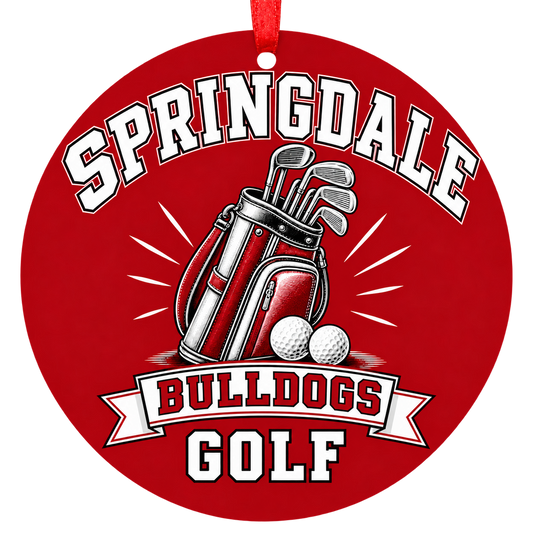 Springdale Bulldogs Golf Christmas ornament with golf bag, clubs and balls in red, white and black, red hanging ribbon.