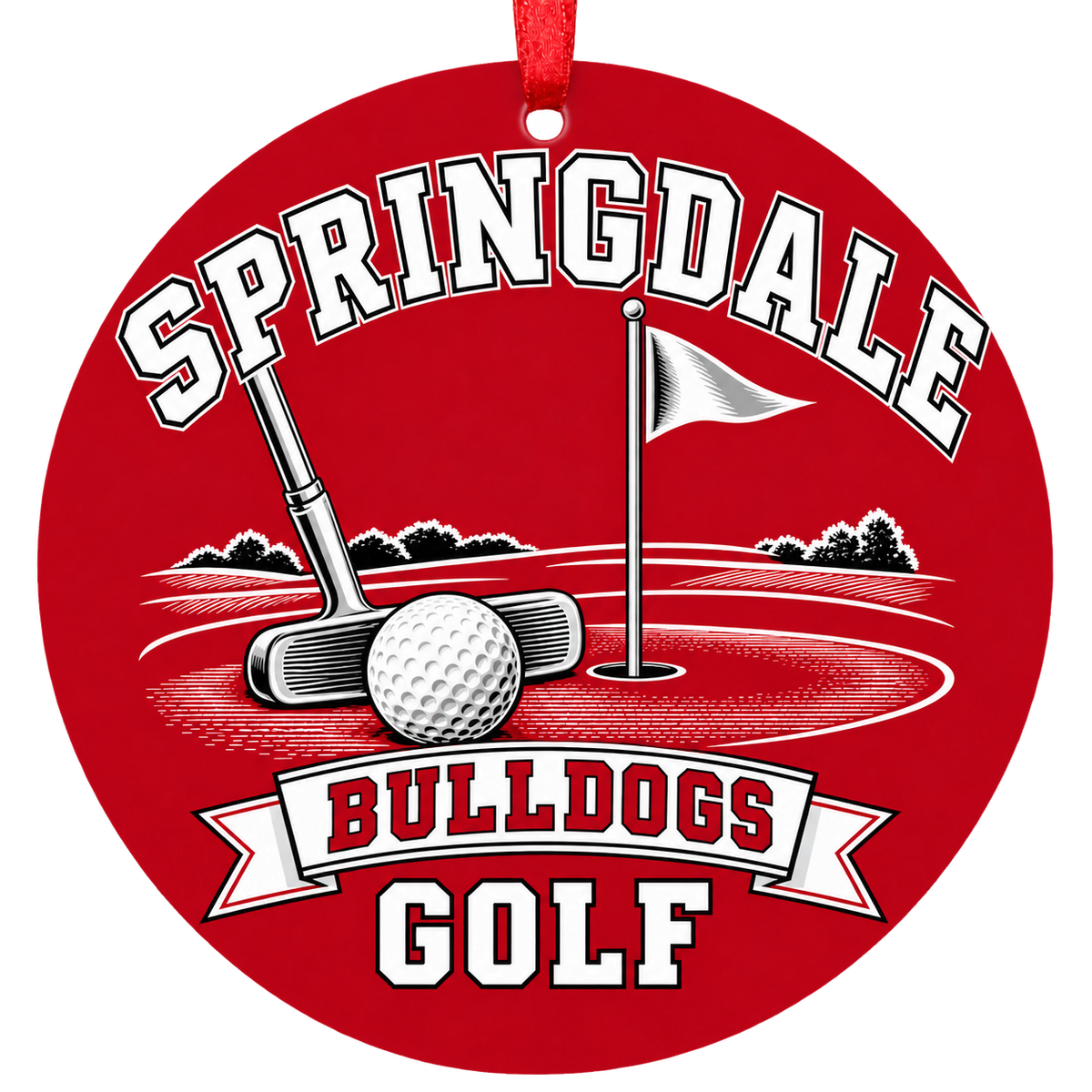 Springdale Bulldogs Golf Christmas ornament with putter, golf ball and putting green in red, white and black, red hanging ribbon.