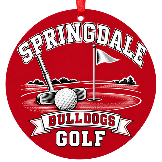 Springdale Bulldogs Golf Christmas ornament with putter, golf ball and putting green in red, white and black, red hanging ribbon.