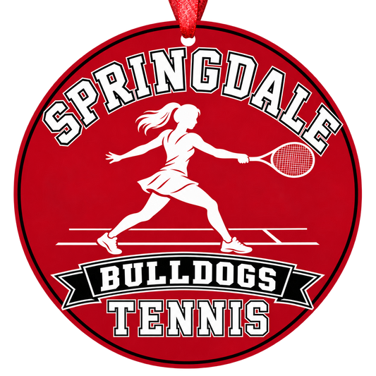 Springdale Bulldogs Tennis Christmas ornament with tennis player silhouette in red, white and black, red hanging ribbon.