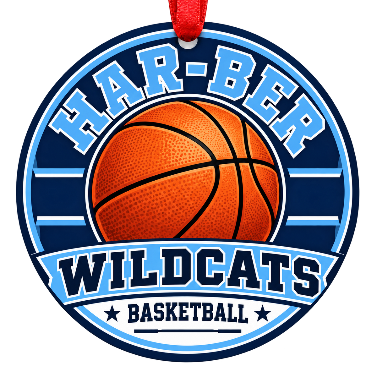 Har-Ber Wildcats Basketball Christmas ornament with varsity basketball artwork in navy blue and Carolina blue, red hanging ribbon.