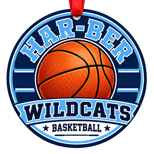 Har-Ber Wildcats Basketball Christmas ornament with varsity basketball artwork in navy blue and Carolina blue, red hanging ribbon.
