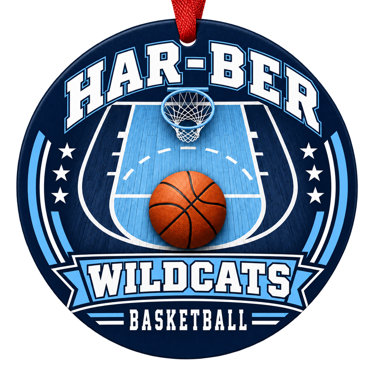 Har-Ber Wildcats Basketball Christmas ornament with basketball court, hoop and ball artwork in navy blue and Carolina blue, red hanging ribbon.
