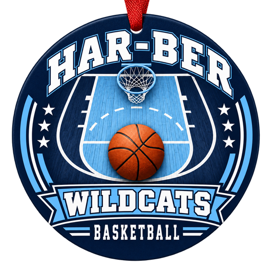 Har-Ber Wildcats Basketball Christmas ornament with basketball court, hoop and ball artwork in navy blue and Carolina blue, red hanging ribbon.