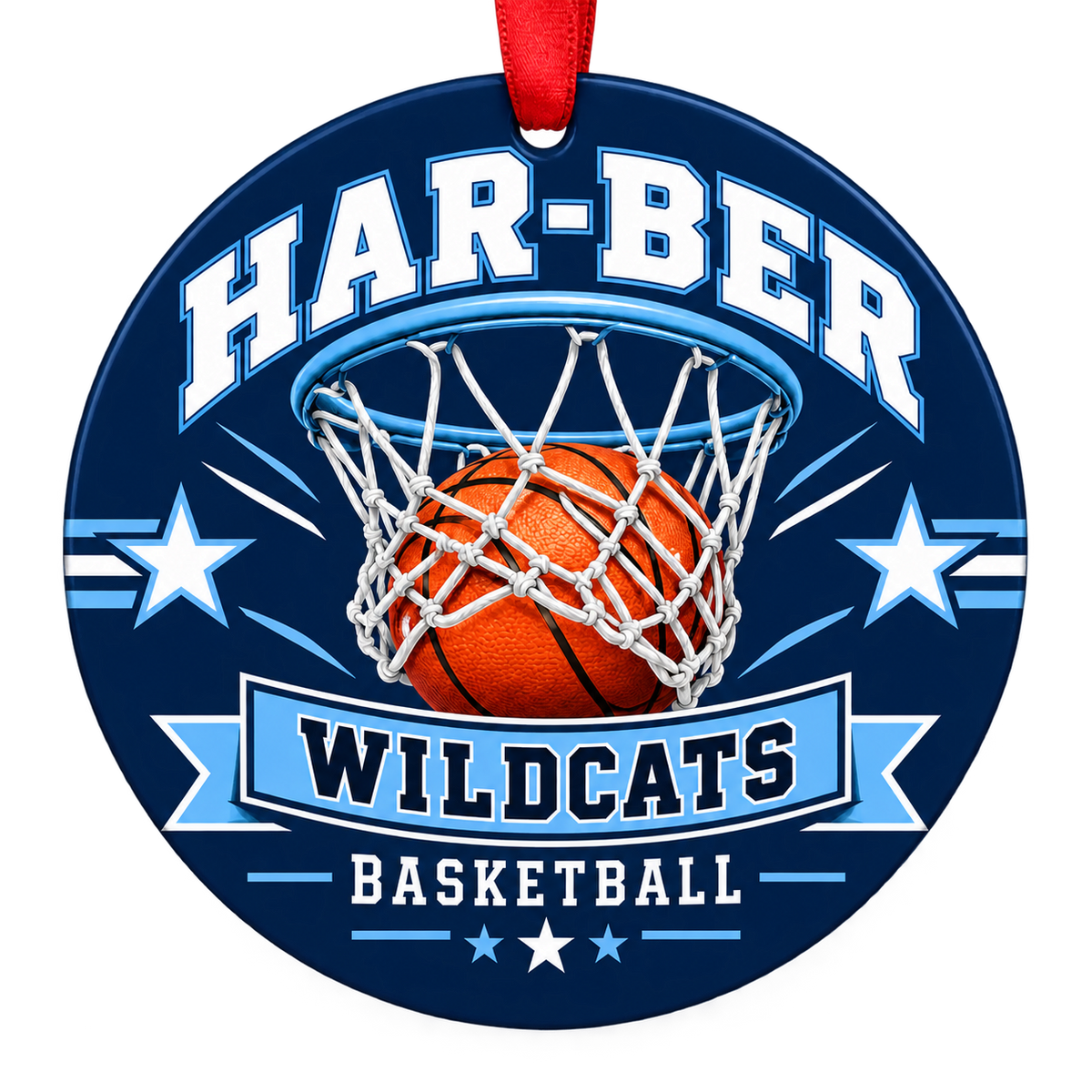 Har-Ber Wildcats Basketball Christmas ornament with basketball passing through a hoop in navy blue and Carolina blue, red hanging ribbon.