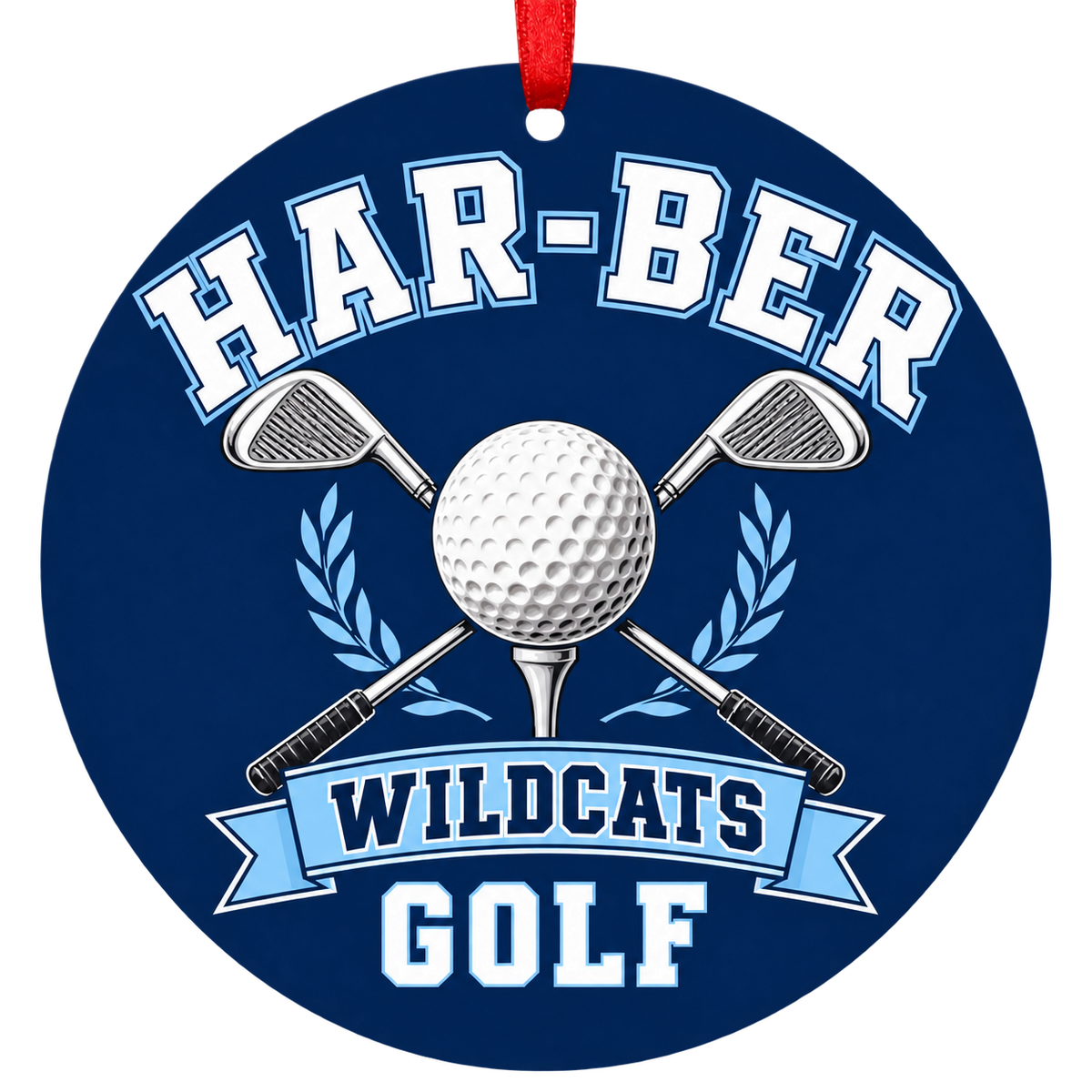Har-Ber Wildcats Golf Christmas ornament with golf ball and crossed clubs in navy blue and Carolina blue, red hanging ribbon.