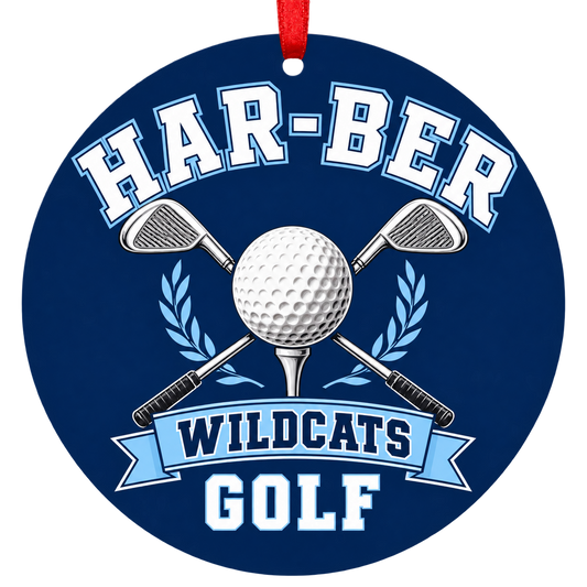 Har-Ber Wildcats Golf Christmas ornament with golf ball and crossed clubs in navy blue and Carolina blue, red hanging ribbon.