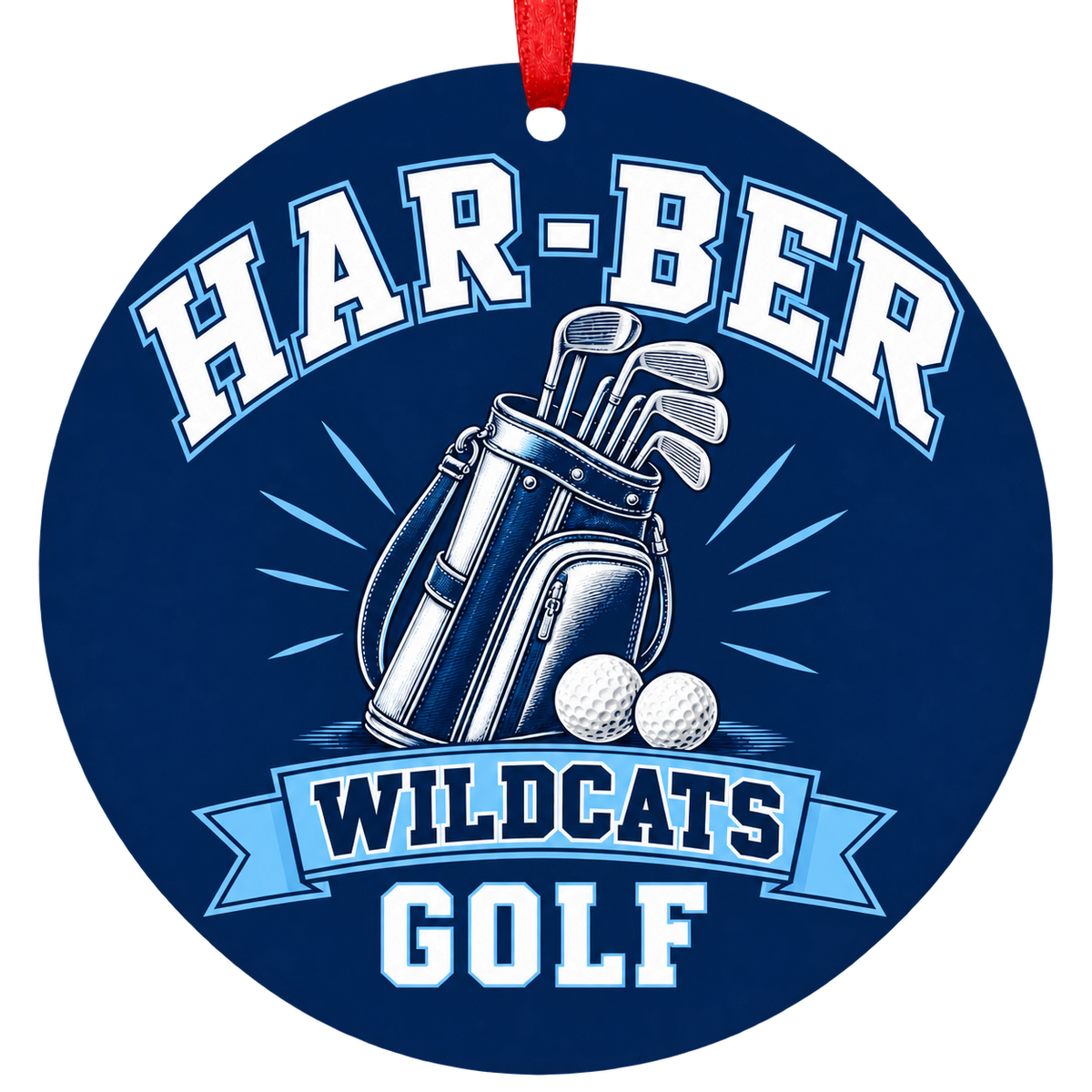 Har-Ber Wildcats Golf Christmas ornament with golf bag, clubs and balls in navy blue and Carolina blue, red hanging ribbon.