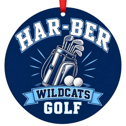 Har-Ber Wildcats Golf Christmas ornament with golf bag, clubs and balls in navy blue and Carolina blue, red hanging ribbon.