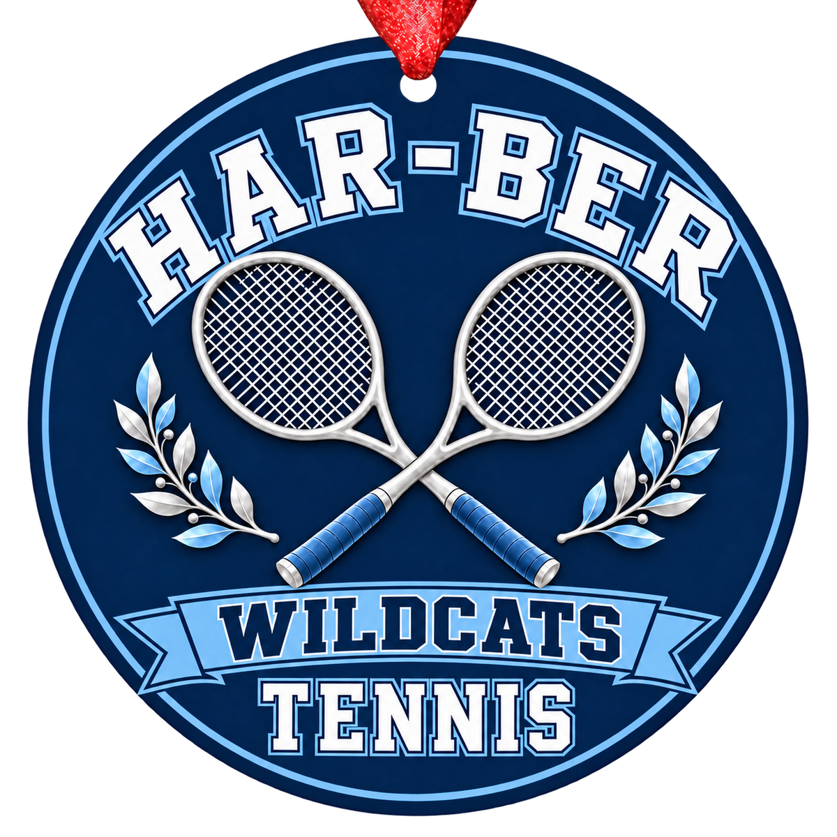 Har-Ber Wildcats Tennis Christmas ornament with crossed tennis rackets and laurel details in navy blue and Carolina blue, red hanging ribbon.