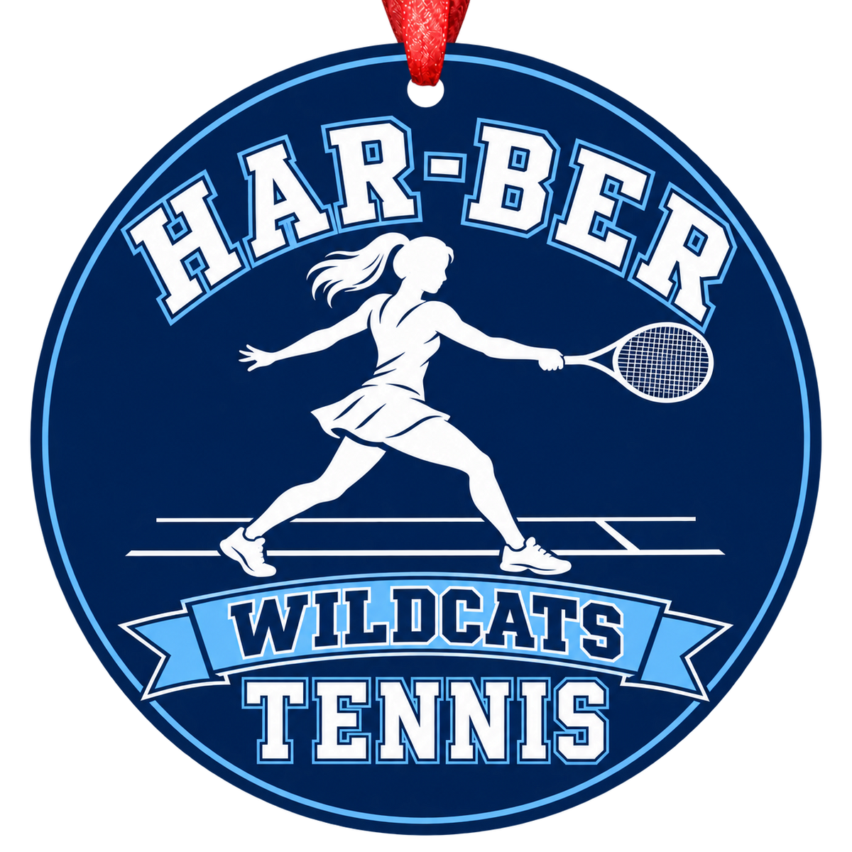 Har-Ber Wildcats Tennis Christmas ornament with tennis player silhouette in navy blue and Carolina blue, red hanging ribbon.