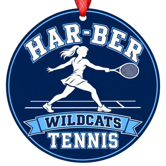 Har-Ber Wildcats Tennis Christmas ornament with tennis player silhouette in navy blue and Carolina blue, red hanging ribbon.