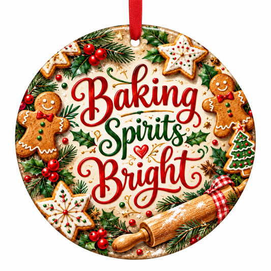 Baking Spirits Bright Gingerbread Christmas Ornament with red hanging ribbon