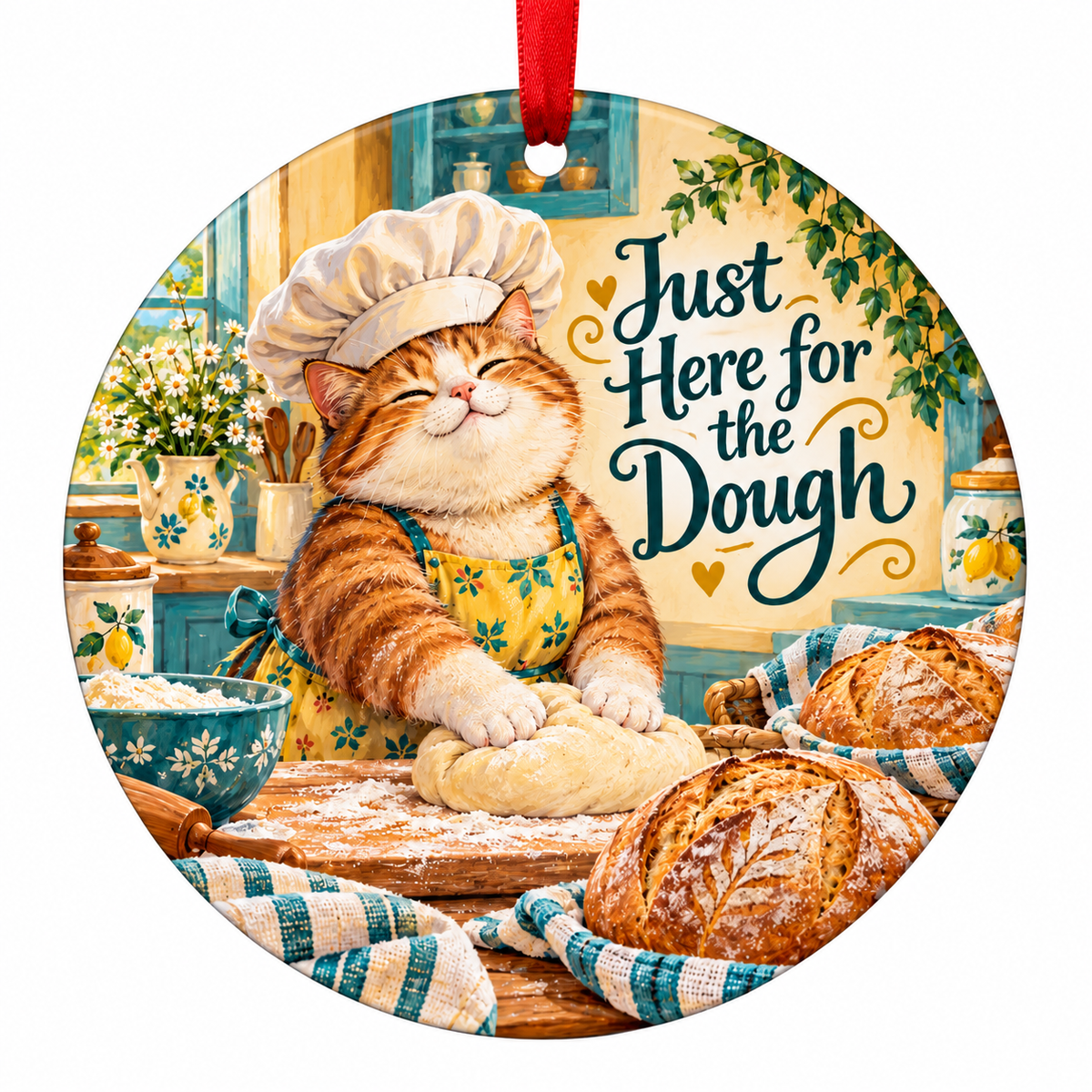 Just Here for the Dough Baker Cat Christmas Ornament with red hanging ribbon