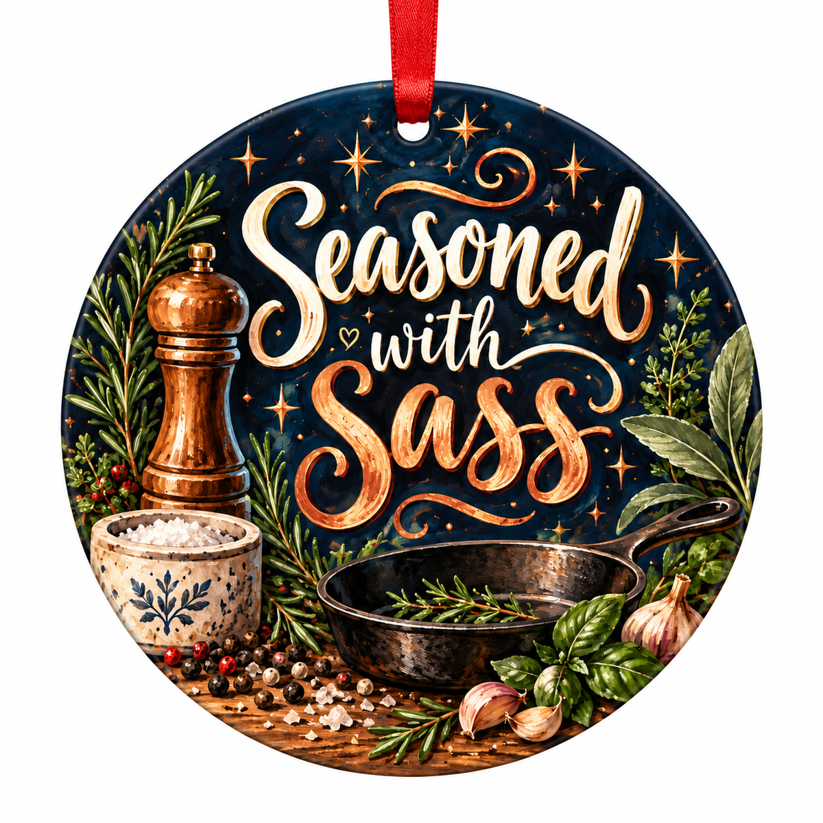 Seasoned with Sass Funny Cooking Christmas Ornament with red hanging ribbon